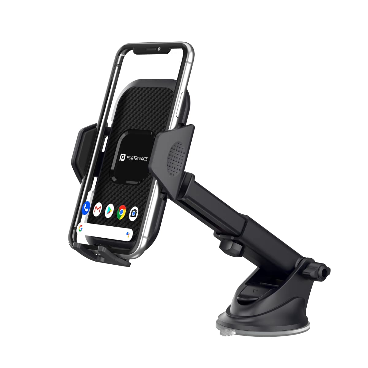 Portronics Clamp M4 Car Phone Holder Stand with 360 Degree Rotation, Strong Grip, Suction Cup Mount, Single Hand Use, Shockproof Build, Mobile Stand for Car (Black)