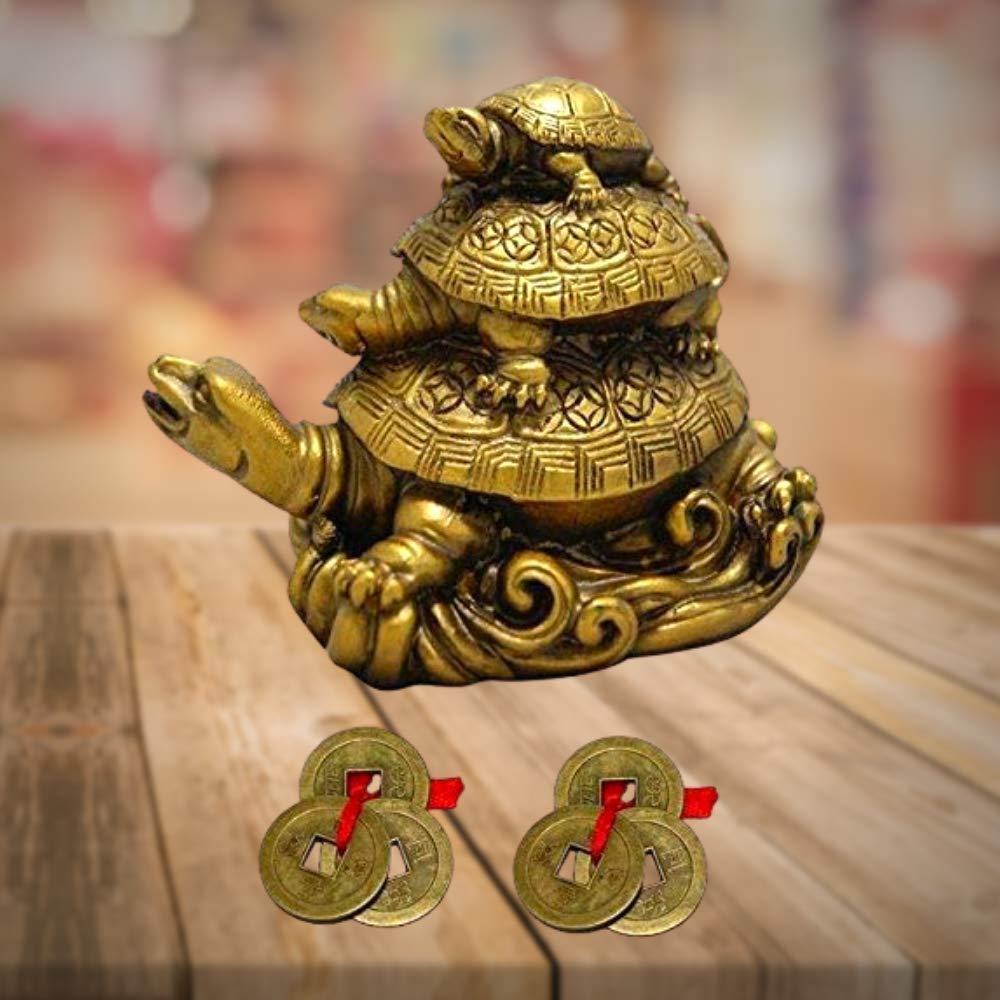 GJ Polyresin Feng Shui 3 Tortoise with 2 Lucky Coins for Good Luck & Wealth | Three Turtle Vastu Showpiece for Home Decor | House Warming & Shop Opening Gift