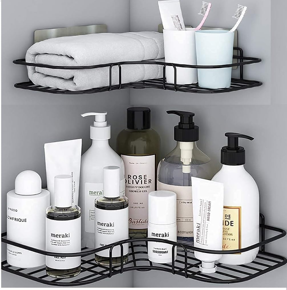 Oslen Metal (Pack of 2 Self-Adhesive Shelf/Storage Organizer for Bathroom and Kitchen Corner Wall Mounted Rack Shelf Bathroom Accessories Storage Rack (No Drilling-Shelf Adhesive) (8 and 9 INCH,Black)