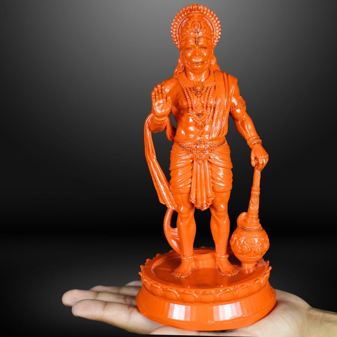 Hanuman Ji Standing with Gada Murti | 8 Inch Polystone Idol | Brass, Antique Copper & Orange Finish | Home Mandir, Hanuman Jayanti Gift (Brass Finish, 8 inches)