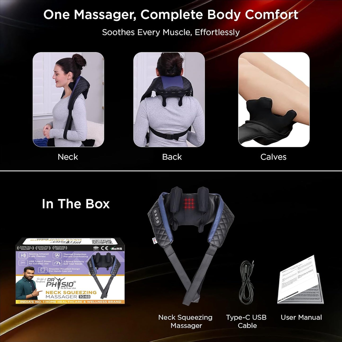 Dr Physio USA 1048 Shiatsu Electric Neck and Back Massager Machine with Infrared Kneading Nodes for Cervical Neck, Shoulder, Back & Body Muscle Pain Relief