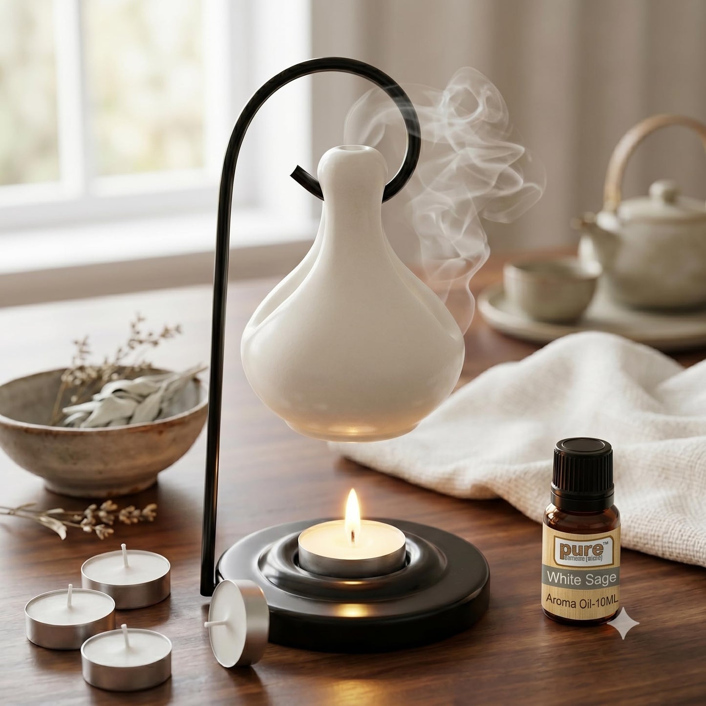 Pure Source India Porcelain Relaxing Fragrance Aroma Set with 10 ml Aroma Oil and 4 Tea Light Candles (White)