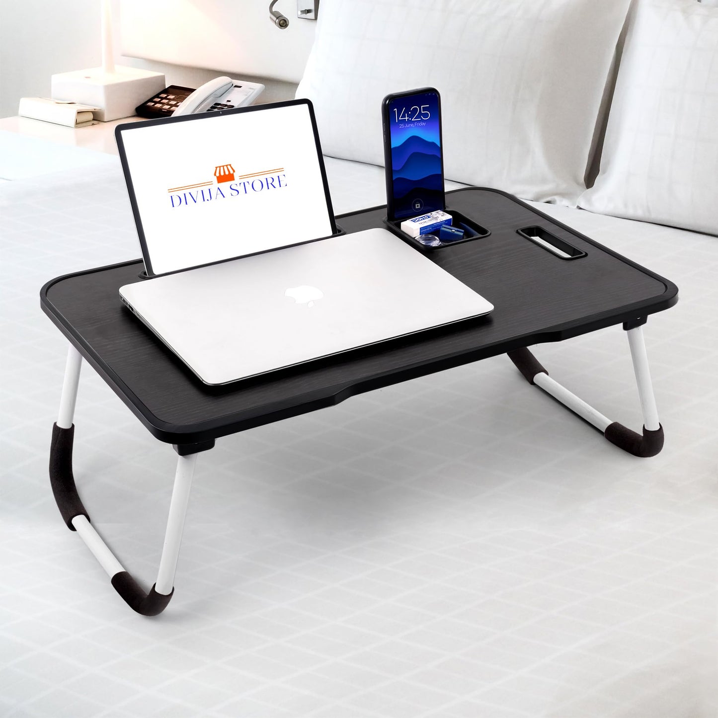 DIVIJA STORE Wood Smart Multipurpose Foldable Laptop Table with Cup Holder, Study Table, Bed Table, Breakfast Table, Foldable and Portable/Ergonomic & Rounded Edges/Non-Slip Legs (Black), 59 cm, 8 cm