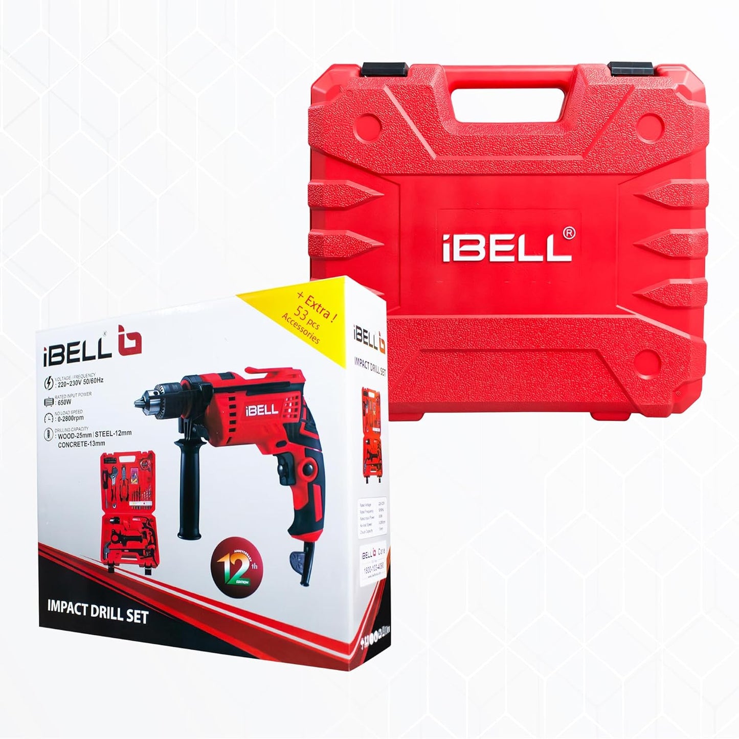 IBELL Professional Tool Kit with Impact Drill TD13-85, 650W, Copper Armature, Chuck 13mm, 59 Home Essential Tools/Accessories with RED/BLACK BMC box