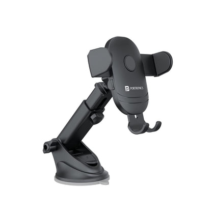 Portronics Clamp M4 Car Phone Holder Stand with 360 Degree Rotation, Strong Grip, Suction Cup Mount, Single Hand Use, Shockproof Build, Mobile Stand for Car (Black)