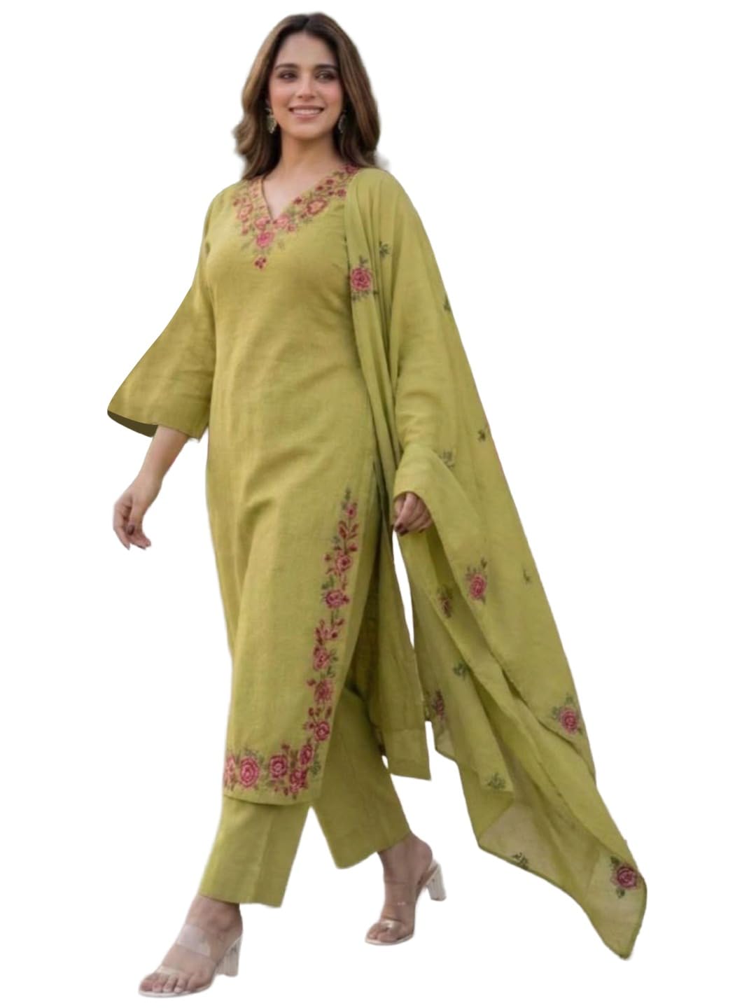 ANNI Designer Kurta Sets for Women Viscose Blend Embroidered | Kurta Palazzo Dupatta Set | Designer Kurti Set for Women | V Neck Full Sleeve Ethnic Suit | Indian Kurta Outfit with Palazzo Pants
