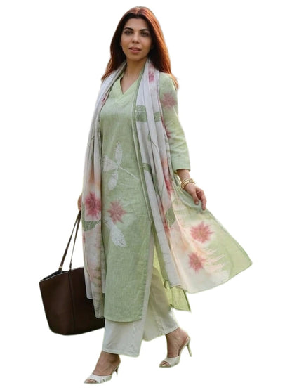 GoSriKi Women Cotton Blend Straight Fit Printed Kurta Pant Dupatta Set | V Neck Three Quarter Sleeve Ensemble | Soft Breathable Fabric | Comfortable Elegant Styling for Office Casual Wear