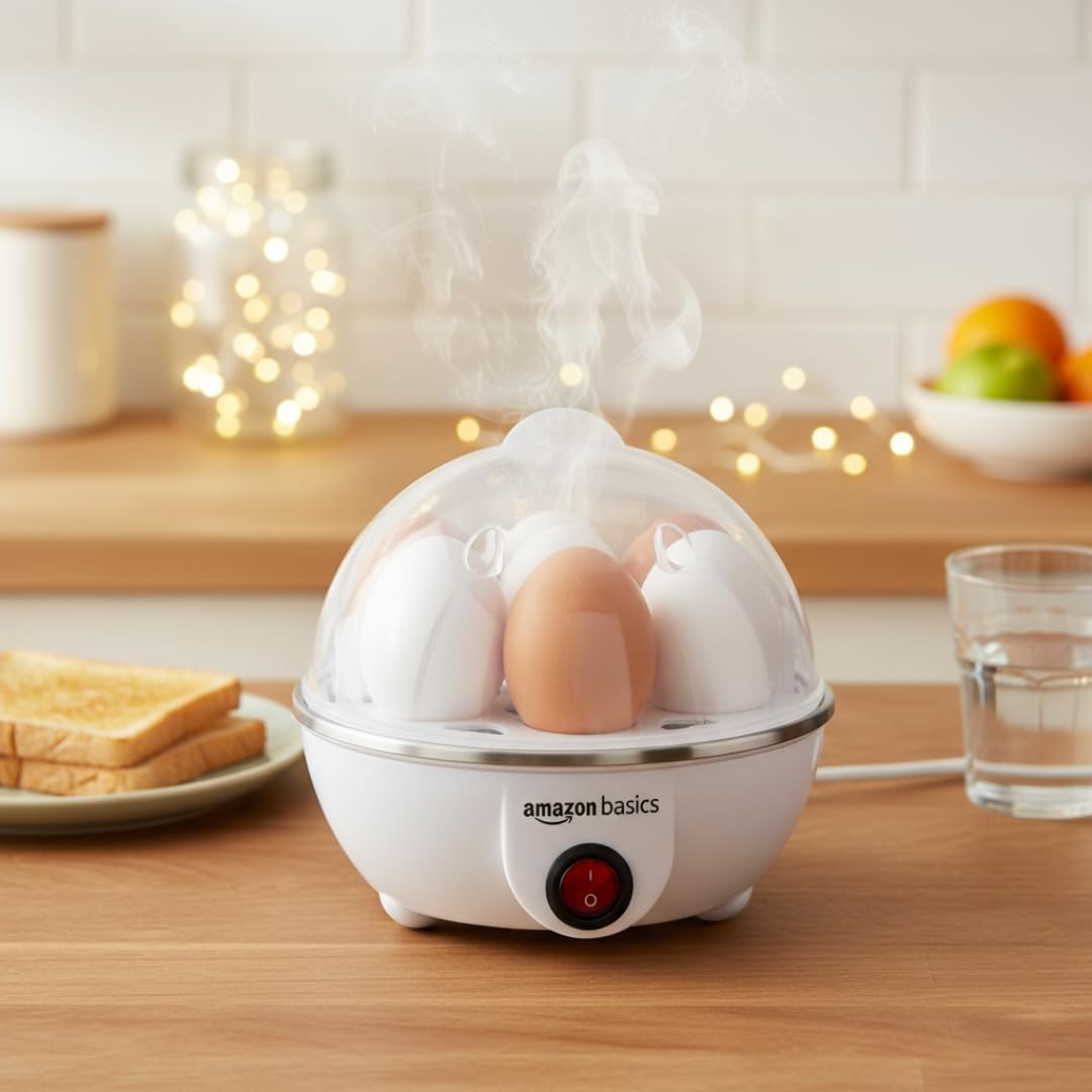 amazon basics Electric Egg Boiler | 350 Watt | Boils Upto 7 Eggs | Automatic Operation, 3 Boiling Modes | Overheat Protection | Stainless Steel Heating Plate, Measuring Cup | 75ml | Plastic | White