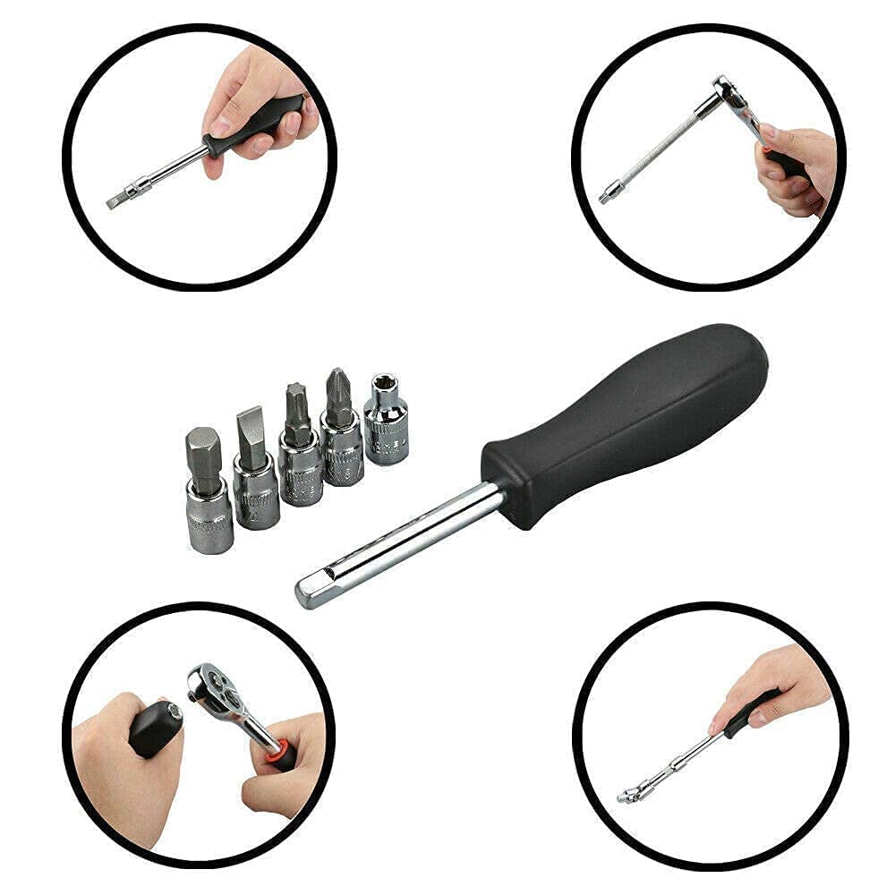 46-Piece Socket Wrench Tool Kit Set, 1/4-Inch Drive Ratchet with Metric Sockets & Screwdriver Bits, Portable Repair Tool Set for Home, Auto, DIY Maintenance