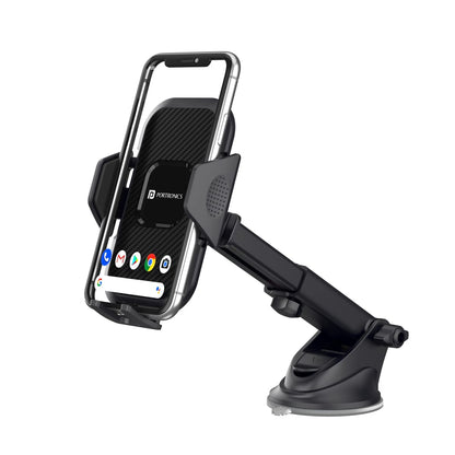 Portronics Clamp M4 Car Phone Holder Stand with 360 Degree Rotation, Strong Grip, Suction Cup Mount, Single Hand Use, Shockproof Build, Mobile Stand for Car (Black)