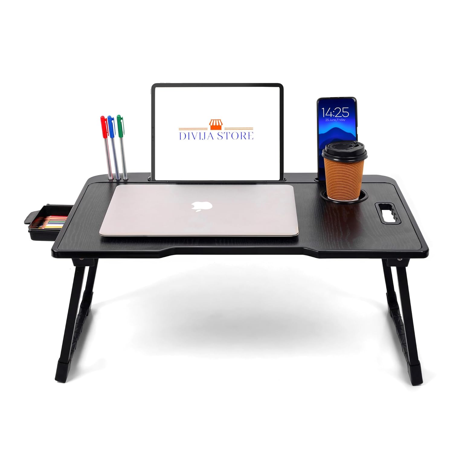 DIVIJA STORE Wood Smart Multipurpose Foldable Laptop Table with Cup Holder, Study Table, Bed Table, Breakfast Table, Foldable and Portable/Ergonomic & Rounded Edges/Non-Slip Legs (Black), 59 cm, 8 cm