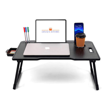 DIVIJA STORE Wood Smart Multipurpose Foldable Laptop Table with Cup Holder, Study Table, Bed Table, Breakfast Table, Foldable and Portable/Ergonomic & Rounded Edges/Non-Slip Legs (Black), 59 cm, 8 cm