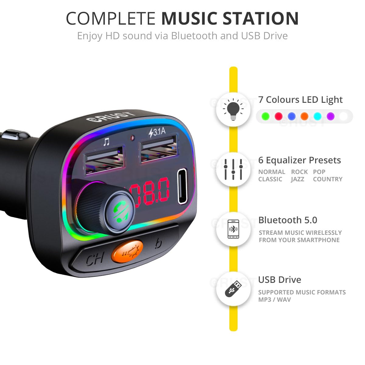 CRUST CS30 Car Bluetooth Device [Upgraded BT v5.3] with Call Receiver, FM Transmitter for Music System & Dual USB + Type C Charger; 7 Colour LED Lights; 6 EQ Presets; USB MP3 Support; Voice Assistant