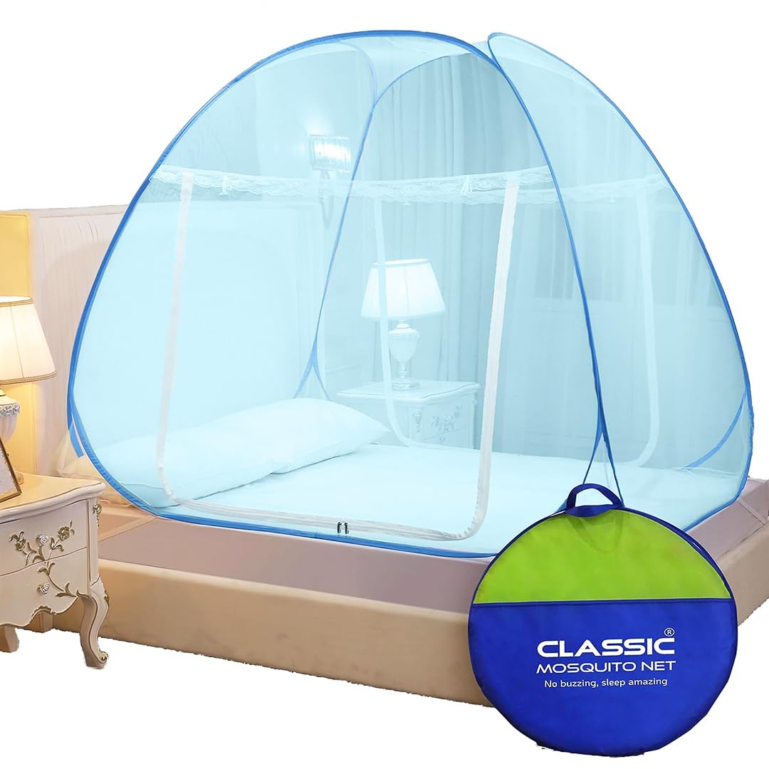 Classic Mosquito Net for Double Bed | King Size Foldable Machardani | Polyester 30GSM Strong Net | PVC Coated Corrosion Resistant Steel Wire - Blue