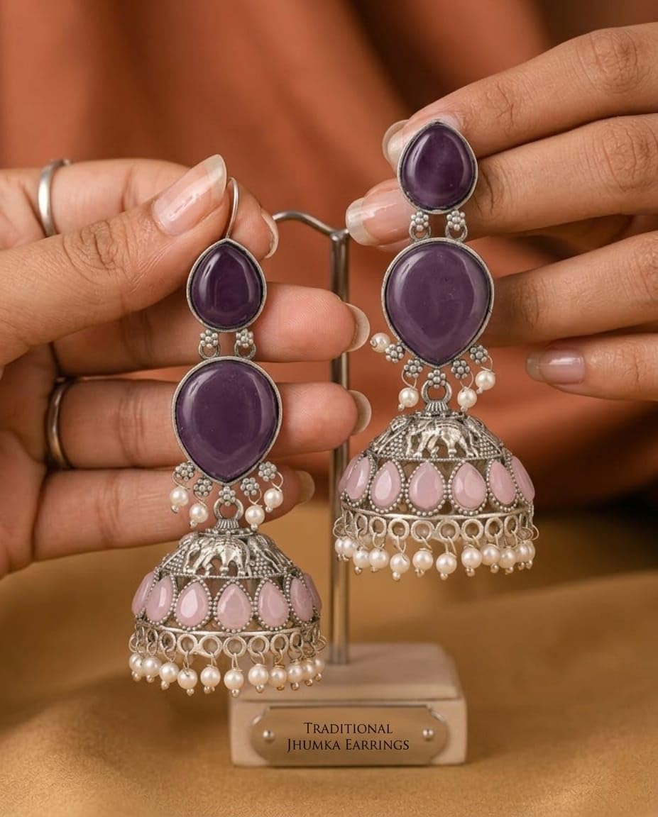 Oxidised Silver Jhumka Earrings with Purple Stones, Pink Teardrop Accents and Pearl Drops