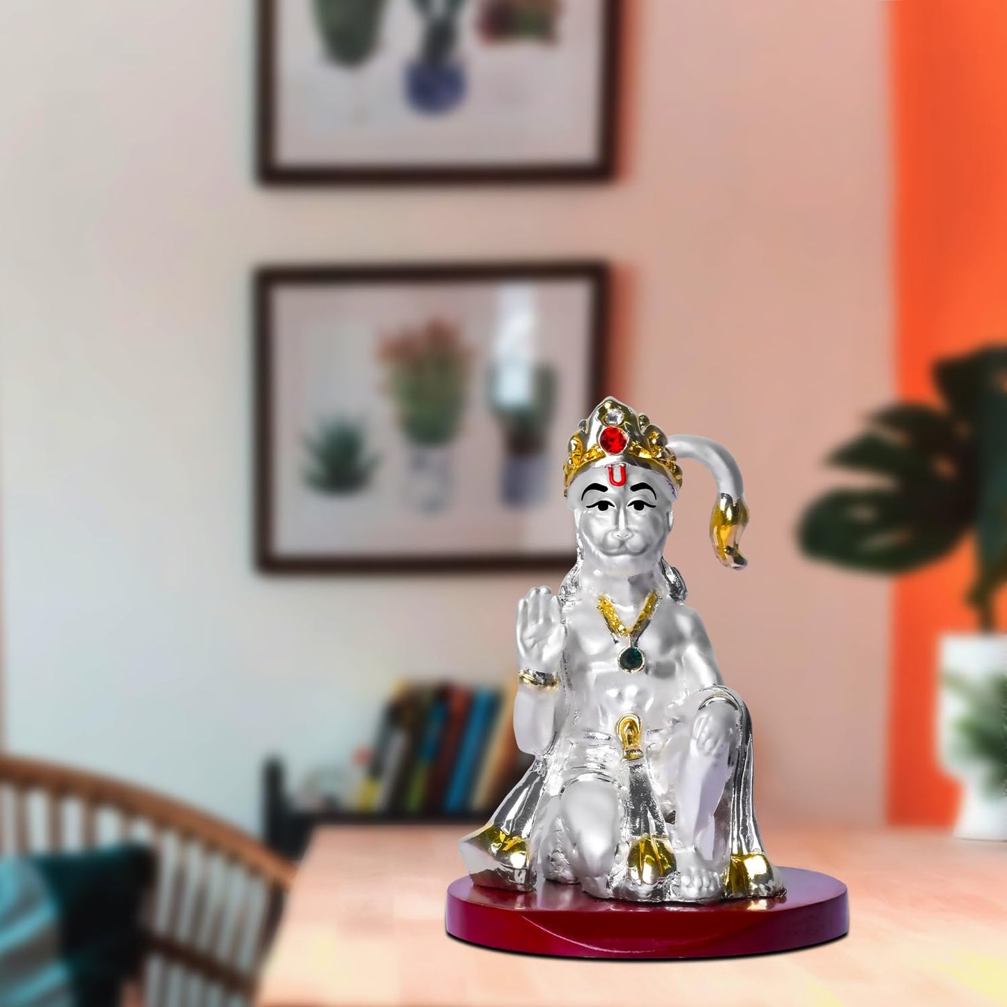 999 Silver Plated Lord Hanuman Ji Idol for Car Dashboard, Home Decor Showpiece, Puja|Religious Statue for Peace and Prosperity|Luxury Sculptures for Table Decor, Gift, Festival 6cmx6cmx9cm