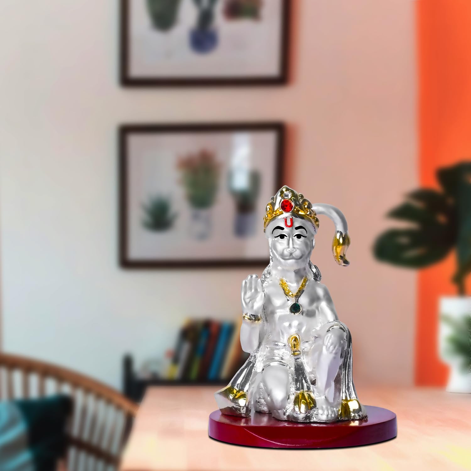 999 Silver Plated Lord Hanuman Ji Idol for Car Dashboard, Home Decor Showpiece, Puja|Religious Statue for Peace and Prosperity|Luxury Sculptures for Table Decor, Gift, Festival 6cmx6cmx9cm