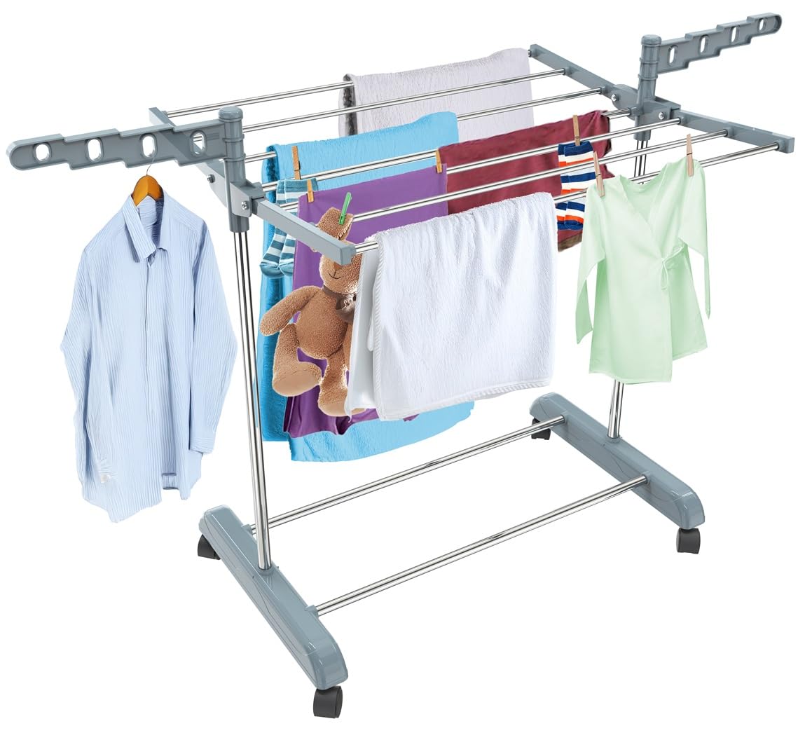 LiMETRO STEEL Stainless Steel Foldable Cloth Dryer Stand Double Rack Cloth Stands for Drying Clothes Steel (Cross), 120x54x4 cm