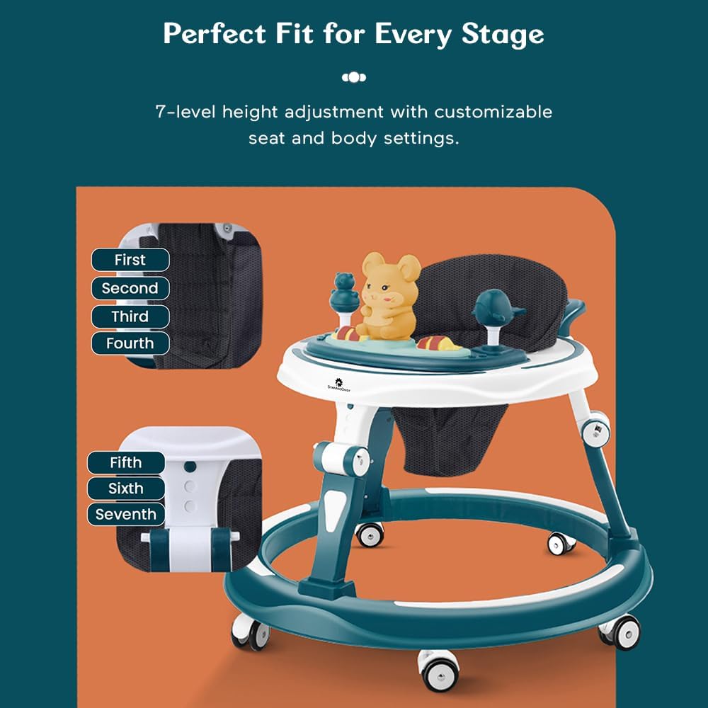 StarAndDaisy Walker for Kids for 6 to 18 Months, Intergrated RGB Lights Baby Walker Boys & Girls with 7 Level Height Adjustment, Walker Baby with Switchable Food & Musical Toy Tray (Blue)