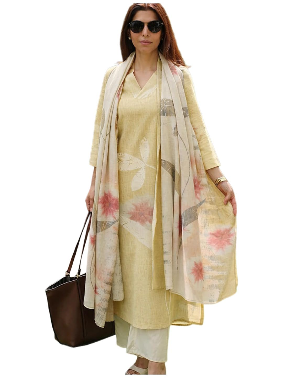 GoSriKi Women Cotton Blend Straight Fit Printed Kurta Pant Dupatta Set | V Neck Three Quarter Sleeve Ensemble | Soft Breathable Fabric | Comfortable Elegant Styling for Office Casual Wear