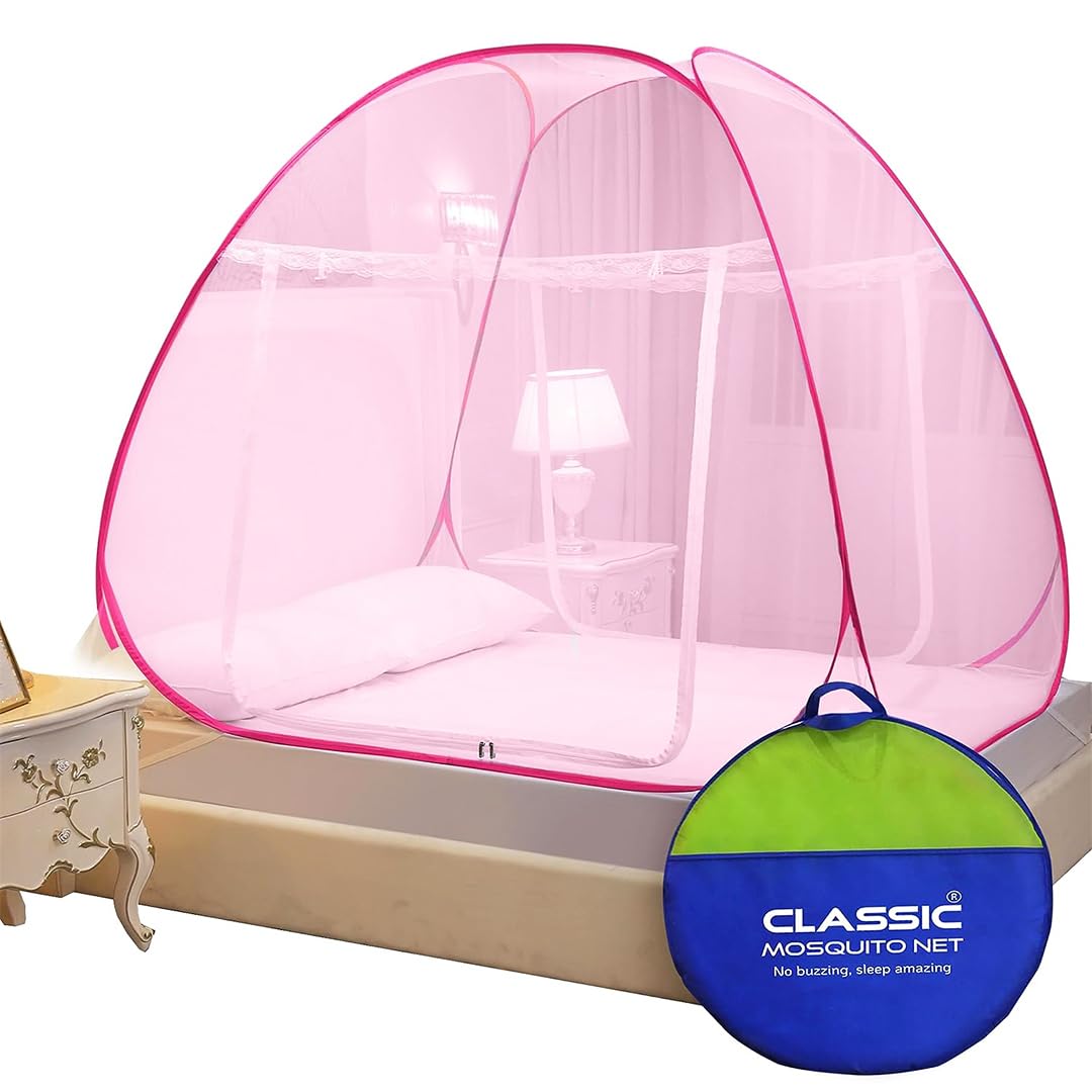 Classic Mosquito Net for Double Bed | King Size Foldable Machardani | Polyester 30GSM Strong Net | PVC Coated Corrosion Resistant Steel Wire - Blue