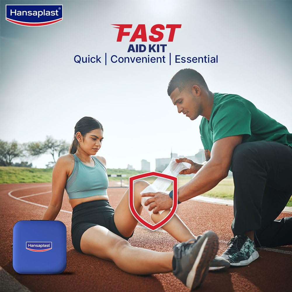 Hansaplast Fast Aid Kit | Emergency Medical Kit for Home, Office, Travel, Car, Sports, Outdoor | Multi-Use Pack for Cuts, Wounds & Injuries | Lightweight & Compact | 9 Items - 38 Pieces