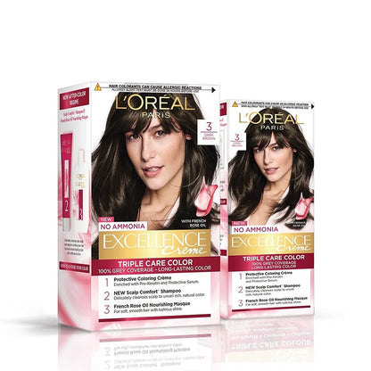 L'Oréal Paris Permanent Hair Colour, Radiant At-Home Hair Colour with up to 100% Grey Coverage, Pro-Keratin, Up to 8 Weeks of Colour, Excellence Crème, 3 Natural Darkest Brown, 72ml+100g