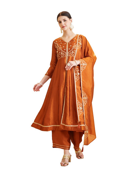 MOKOSH Women's Silk Embroidered Anarkali Kurta with Palazzo Set & Dupatta | Ethnic Handwork Kurta Set for Women | Daily, Office & Festive Traditional