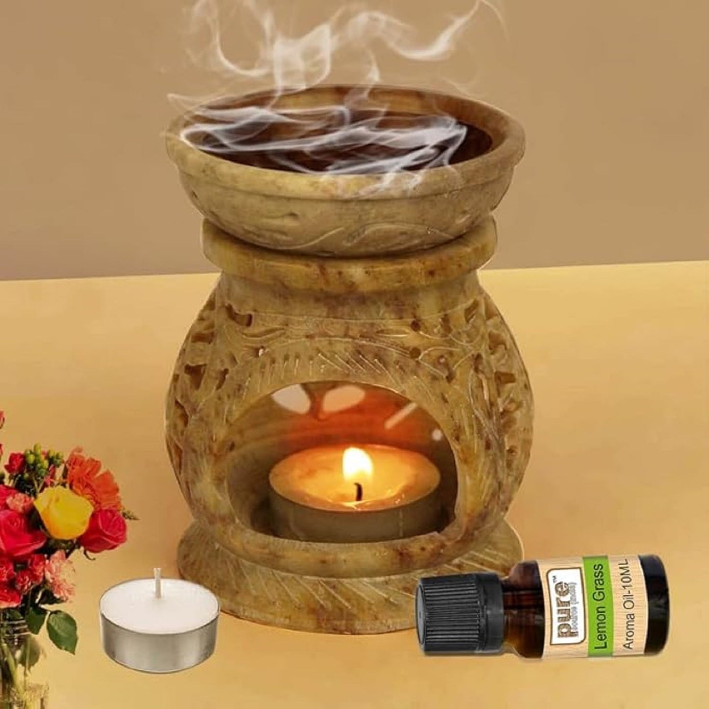 Pure Source India Floral Cut-Out Aroma Oil Burner – Ceramic Wax Melt Warmer with Tealight Holder