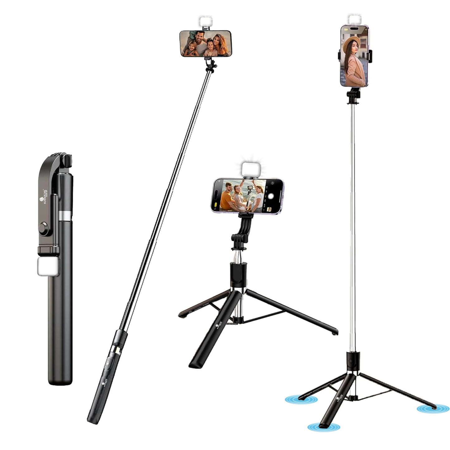 Kratos K9 Selfie Stick Tripod With Light, 67 inch /170CM Reinforced Tripod for Mobile Phone, Multi-Functional Bluetooth Long Selfie Stick for Travel,Vlogging,Compatible with iPhone and All Smartphones