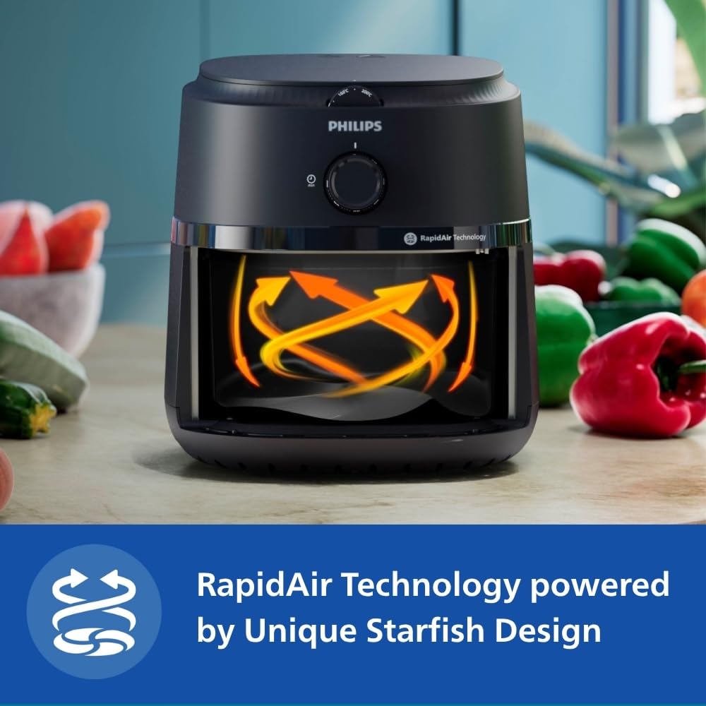PHILIPS Air Fryer NA120/00, uses up to 90% less fat, 1500W, 4.2 Liter, with Rapid Air Technology (Black), Large