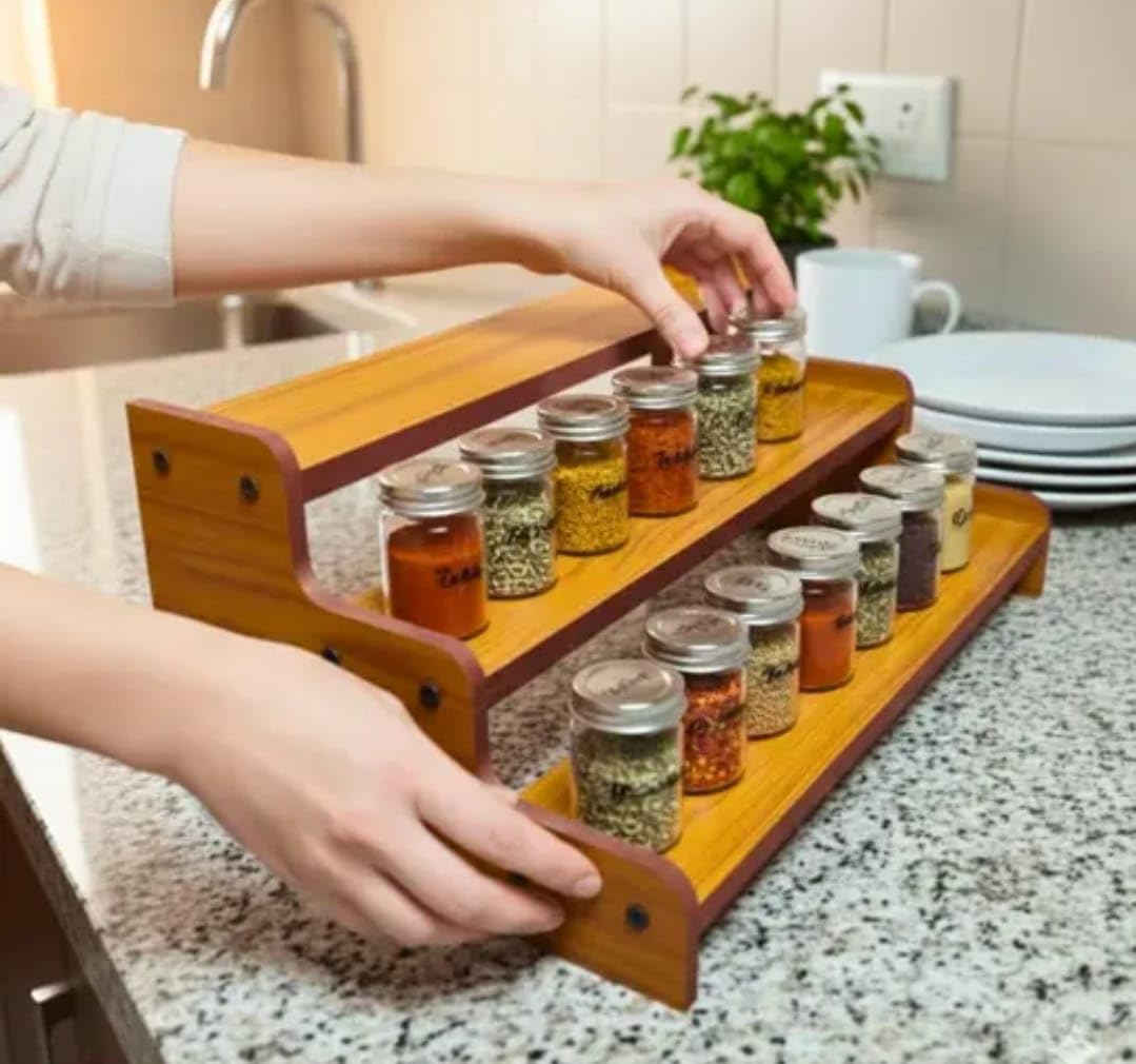 3-Tier Spice Rack, 13.8 Inch Wood Step Shelf Countertop Spice Storage Holder, Kitchen Pantry Cabinet Organizer Cupboard for Spice Bottles, Jars, Seasonings, Baking Supplies,