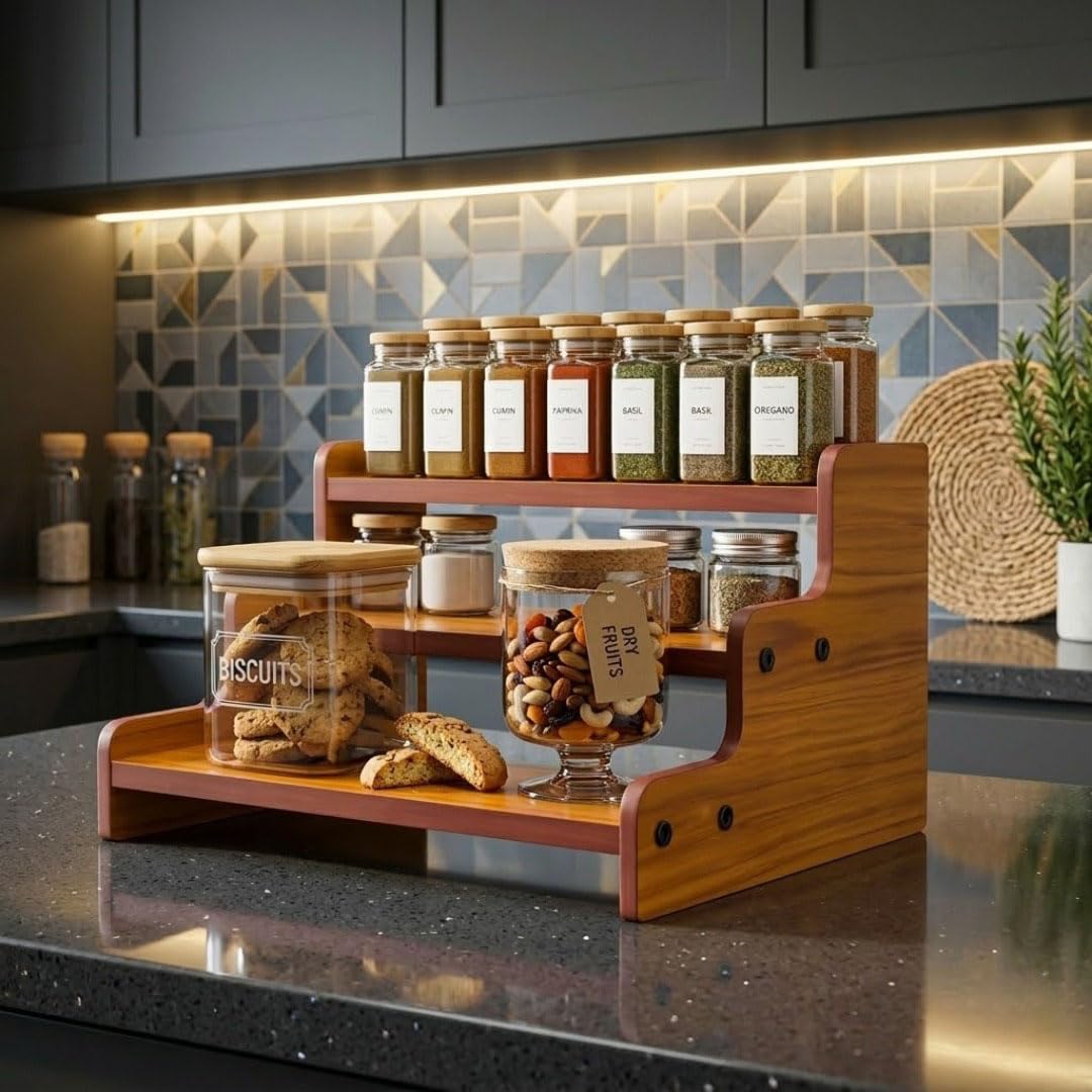 3-Tier Spice Rack, 13.8 Inch Wood Step Shelf Countertop Spice Storage Holder, Kitchen Pantry Cabinet Organizer Cupboard for Spice Bottles, Jars, Seasonings, Baking Supplies,