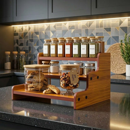 3-Tier Spice Rack, 13.8 Inch Wood Step Shelf Countertop Spice Storage Holder, Kitchen Pantry Cabinet Organizer Cupboard for Spice Bottles, Jars, Seasonings, Baking Supplies,