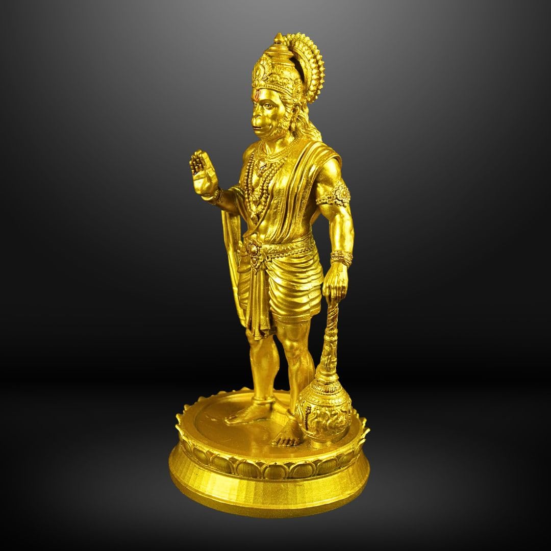Hanuman Ji Standing with Gada Murti | 8 Inch Polystone Idol | Brass, Antique Copper & Orange Finish | Home Mandir, Hanuman Jayanti Gift (Brass Finish, 8 inches)