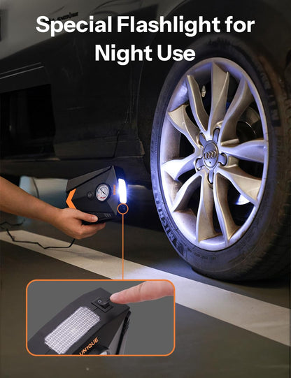 UN1QUE Tyre Inflator for Car, 150PSI Car Air Pump, 12V DC Portable Air Compressor for Tyre, Fast Inflation Speed Inflator Pump with LED Light
