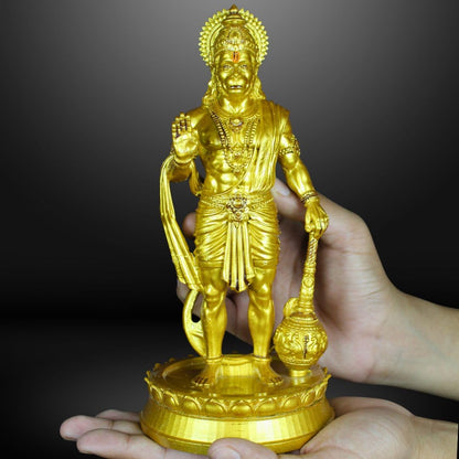 Hanuman Ji Standing with Gada Murti | 8 Inch Polystone Idol | Brass, Antique Copper & Orange Finish | Home Mandir, Hanuman Jayanti Gift (Brass Finish, 8 inches)