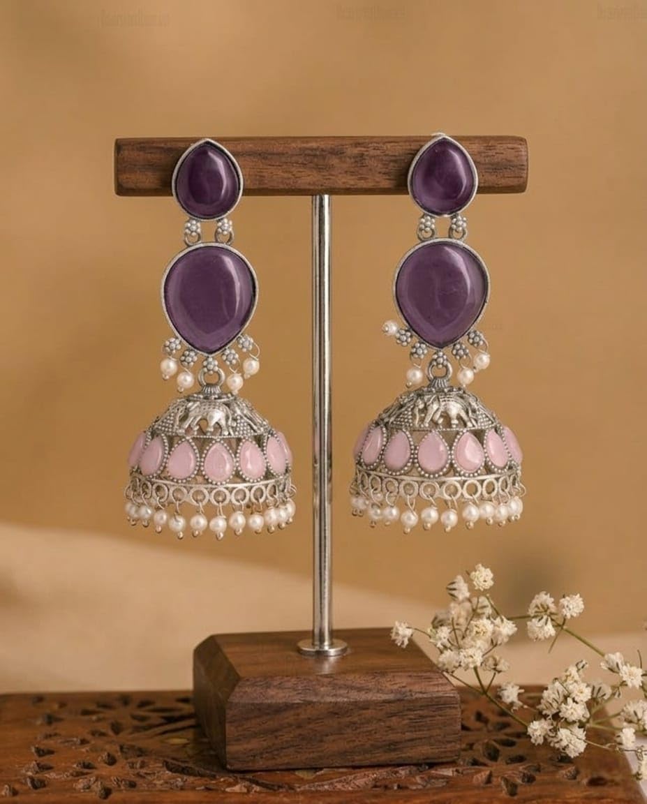 Oxidised Silver Jhumka Earrings with Purple Stones, Pink Teardrop Accents and Pearl Drops