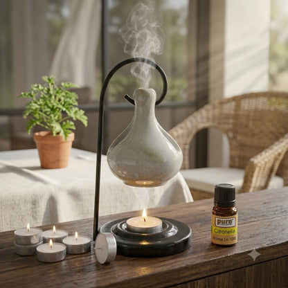 Pure Source India Porcelain Relaxing Fragrance Aroma Set with 10 ml Aroma Oil and 4 Tea Light Candles (White)