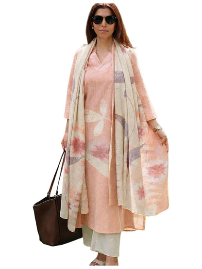 GoSriKi Women Cotton Blend Straight Fit Printed Kurta Pant Dupatta Set | V Neck Three Quarter Sleeve Ensemble | Soft Breathable Fabric | Comfortable Elegant Styling for Office Casual Wear