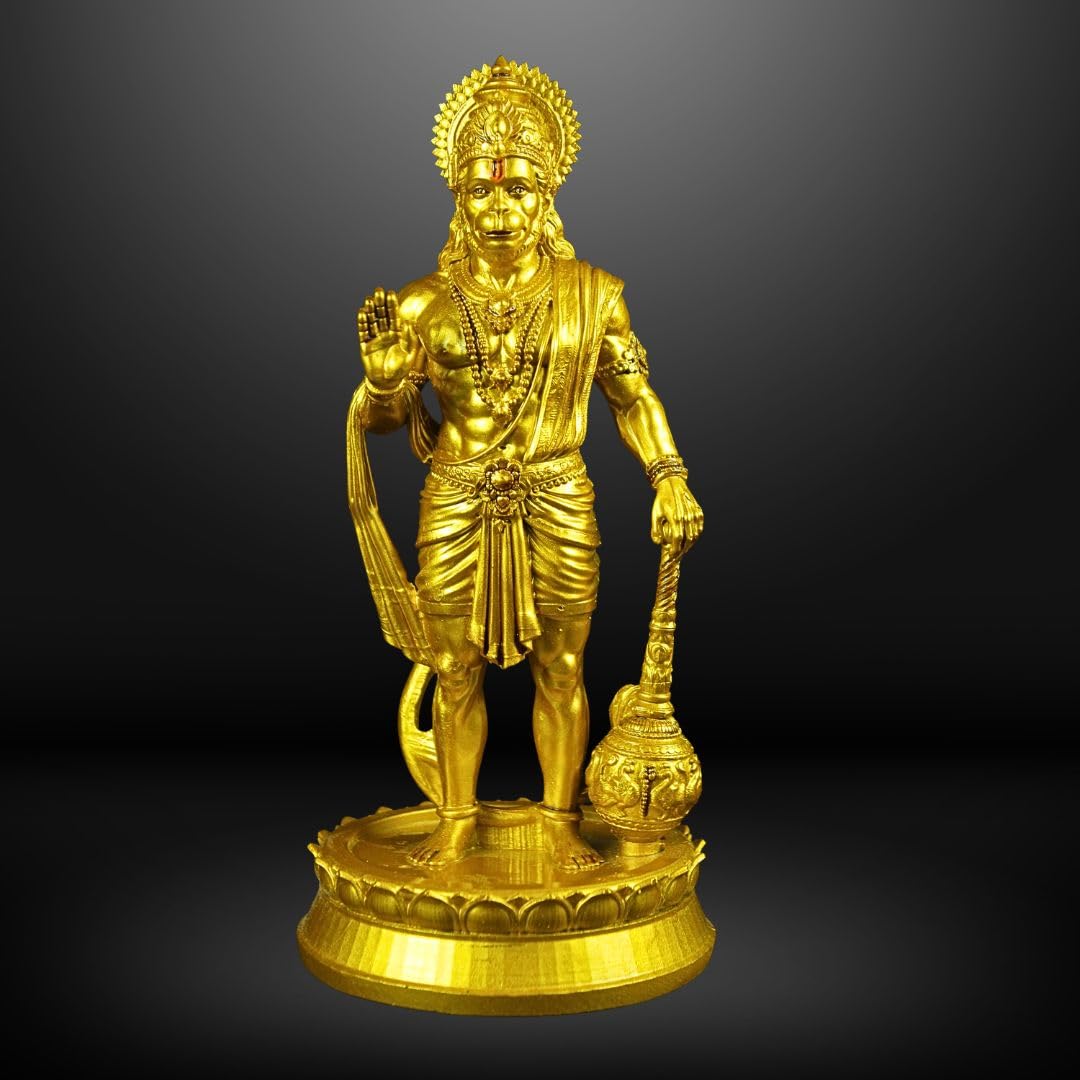 Hanuman Ji Standing with Gada Murti | 8 Inch Polystone Idol | Brass, Antique Copper & Orange Finish | Home Mandir, Hanuman Jayanti Gift (Brass Finish, 8 inches)