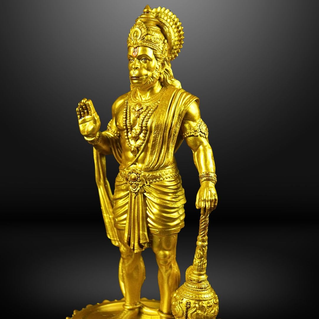 Hanuman Ji Standing with Gada Murti | 8 Inch Polystone Idol | Brass, Antique Copper & Orange Finish | Home Mandir, Hanuman Jayanti Gift (Brass Finish, 8 inches)