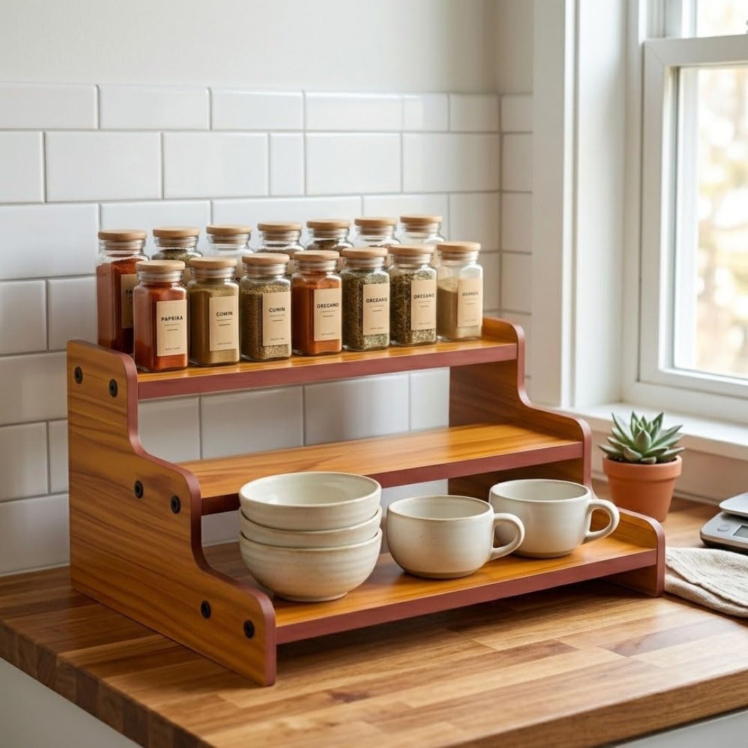 3-Tier Spice Rack, 13.8 Inch Wood Step Shelf Countertop Spice Storage Holder, Kitchen Pantry Cabinet Organizer Cupboard for Spice Bottles, Jars, Seasonings, Baking Supplies,