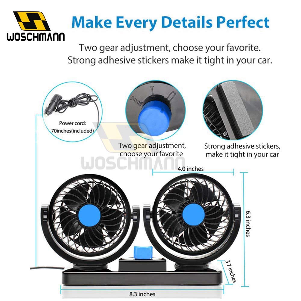 Woschmann Mitchell 12V DC Electric Car Fan for Dashboard, Double Head Cooling Electric Fan, 360 Degree Rotatable Small Fan for Car with 2 Speed Control, ABS Plastic, Dashboard Fan