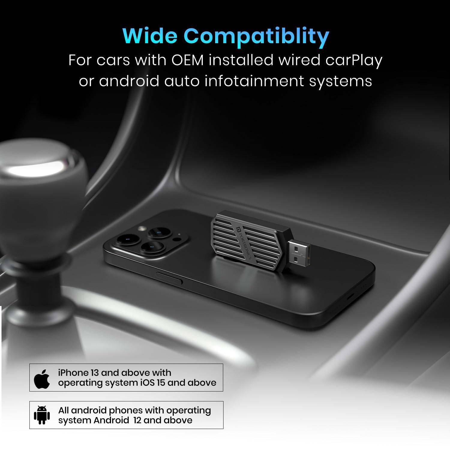 Portronics Tune, 2-in-1 Wireless Car Receiver, Converts Wired Auto Android & CarPlay to Wireless, Bluetooth Connectivity, Only for Cars with OEM Installed Wired Android Auto/CarPlay, 6 Months Warranty