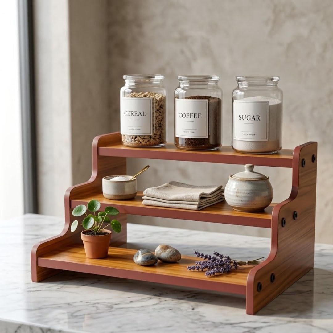 3-Tier Spice Rack, 13.8 Inch Wood Step Shelf Countertop Spice Storage Holder, Kitchen Pantry Cabinet Organizer Cupboard for Spice Bottles, Jars, Seasonings, Baking Supplies,