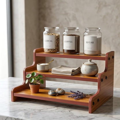 3-Tier Spice Rack, 13.8 Inch Wood Step Shelf Countertop Spice Storage Holder, Kitchen Pantry Cabinet Organizer Cupboard for Spice Bottles, Jars, Seasonings, Baking Supplies,