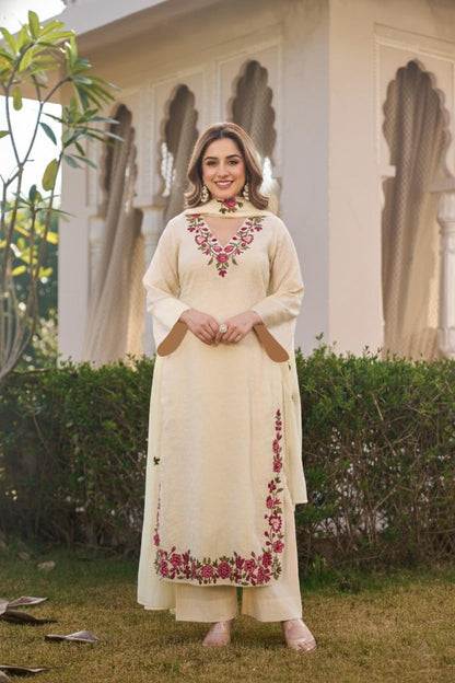 ANNI Designer Kurta Sets for Women Viscose Blend Embroidered | Kurta Palazzo Dupatta Set | Designer Kurti Set for Women | V Neck Full Sleeve Ethnic Suit | Indian Kurta Outfit with Palazzo Pants