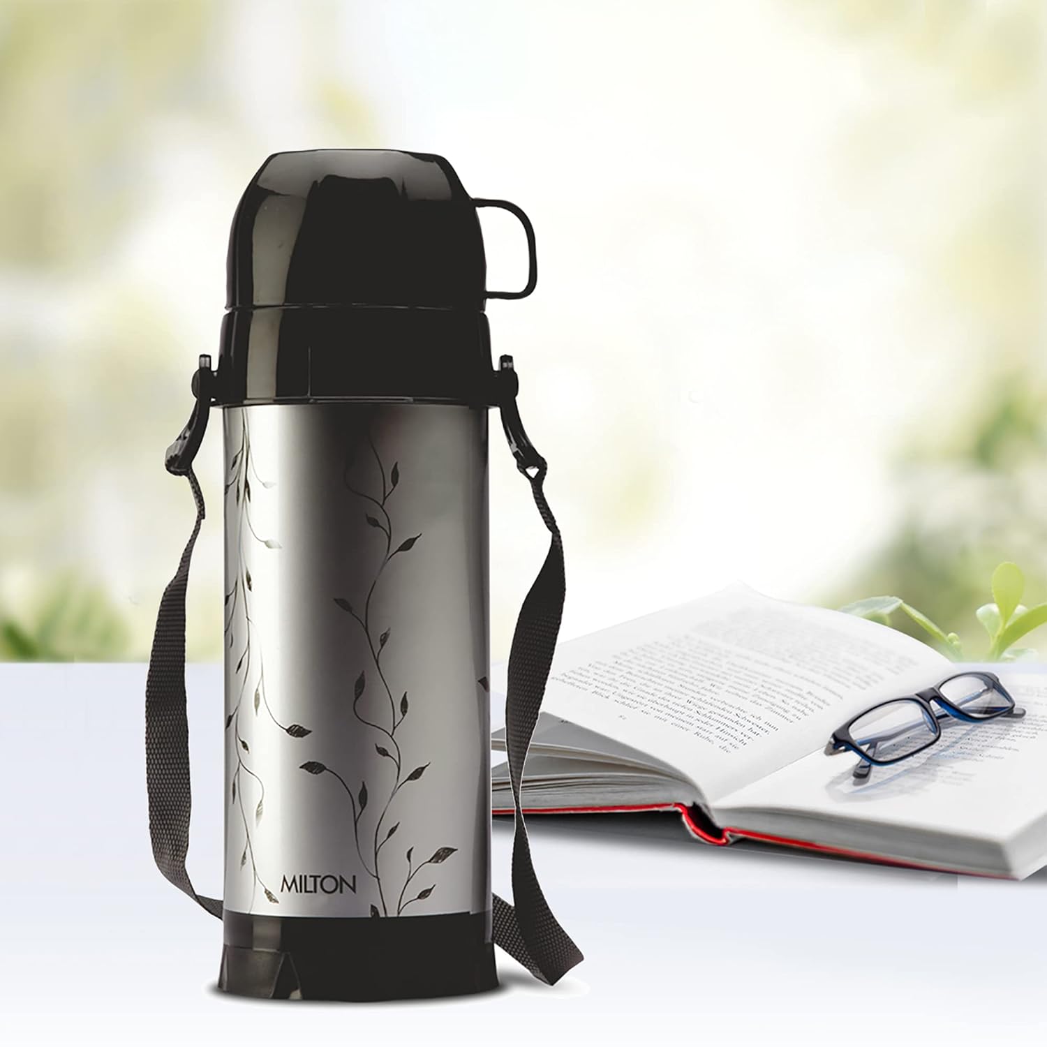 Milton Eiffel 1000 Vacuum Insulated Thermos Flask with Strap to Carry, 910 ml, Long Hours Hot & Cold Water Bottle for Office, Hiking, Trekking, Travel, Black