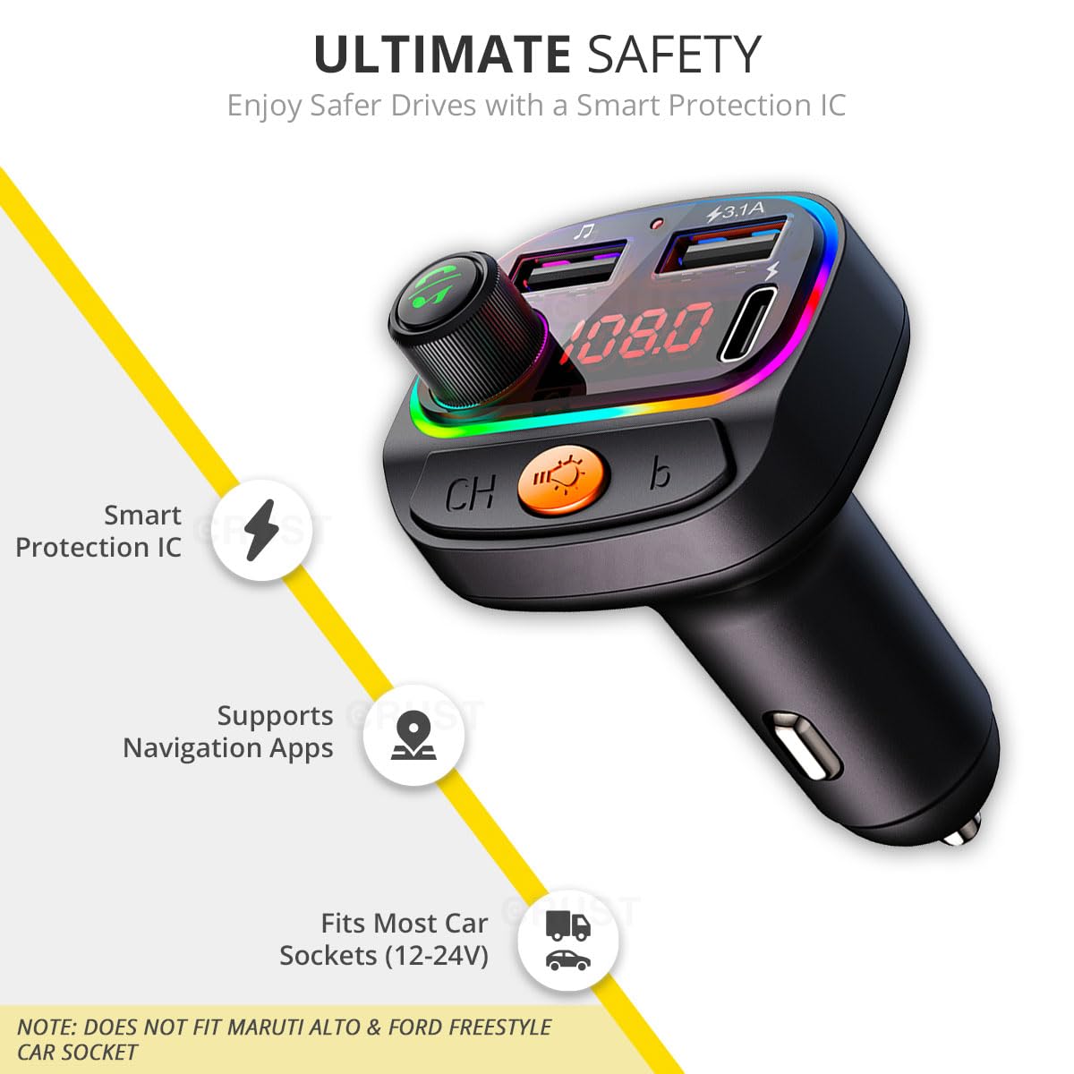 CRUST CS30 Car Bluetooth Device [Upgraded BT v5.3] with Call Receiver, FM Transmitter for Music System & Dual USB + Type C Charger; 7 Colour LED Lights; 6 EQ Presets; USB MP3 Support; Voice Assistant